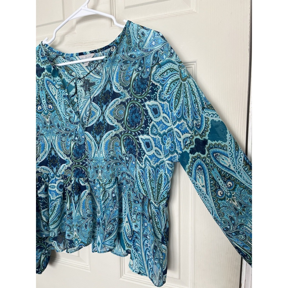 Belle Sky Sheer Ruffle Blouse Turquoise Paisley Womens M Whimsy Boho - Picture 2 of 9